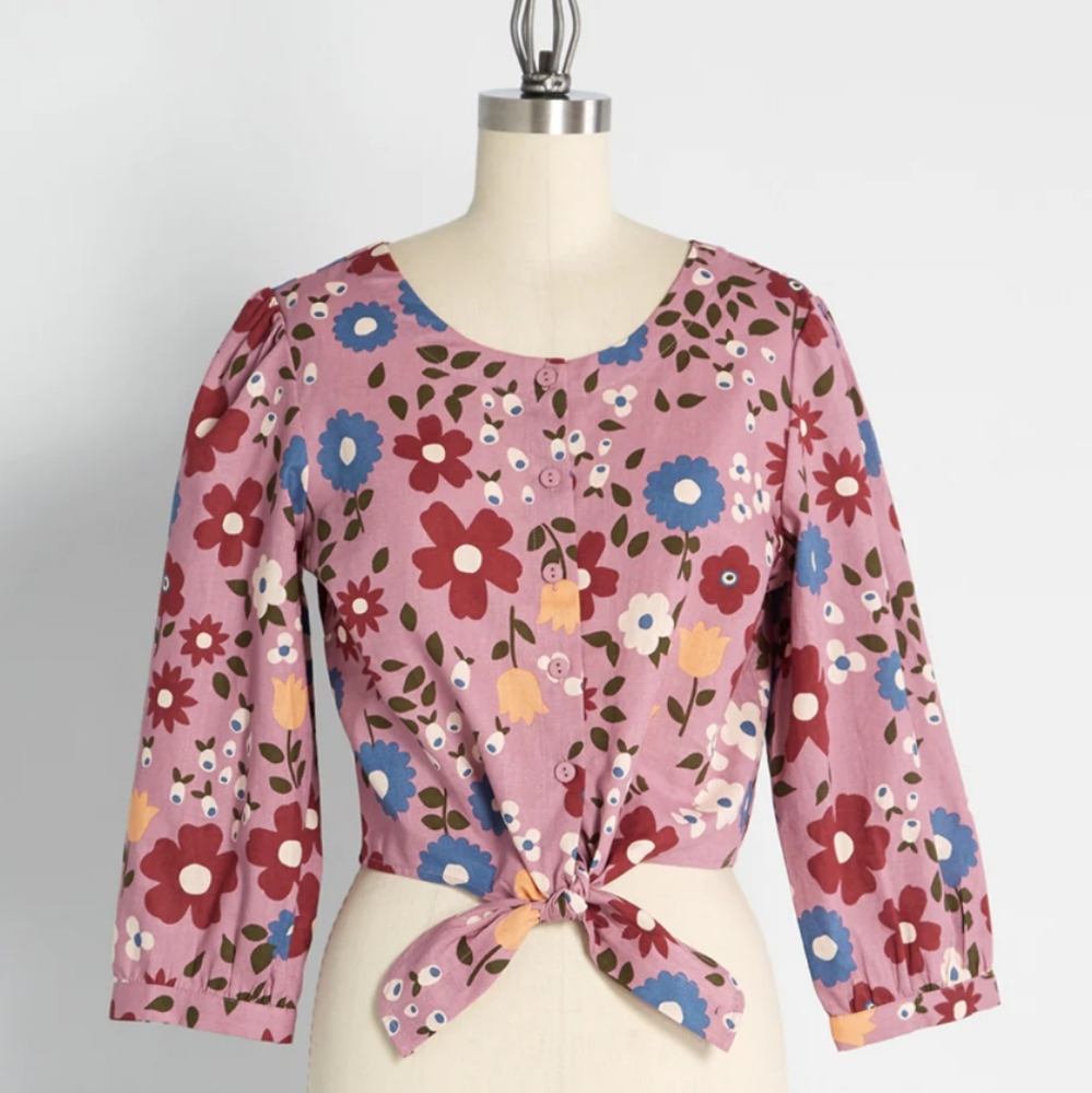 ModCloth x Princess Highway Purple Floral Tie-Front Blouse (16 AU / 12 US)